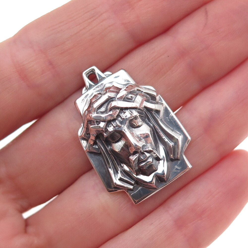 Creed 925 Sterling Silver Antique Art Deco Jesus Cross Oxidized Charm Pendant